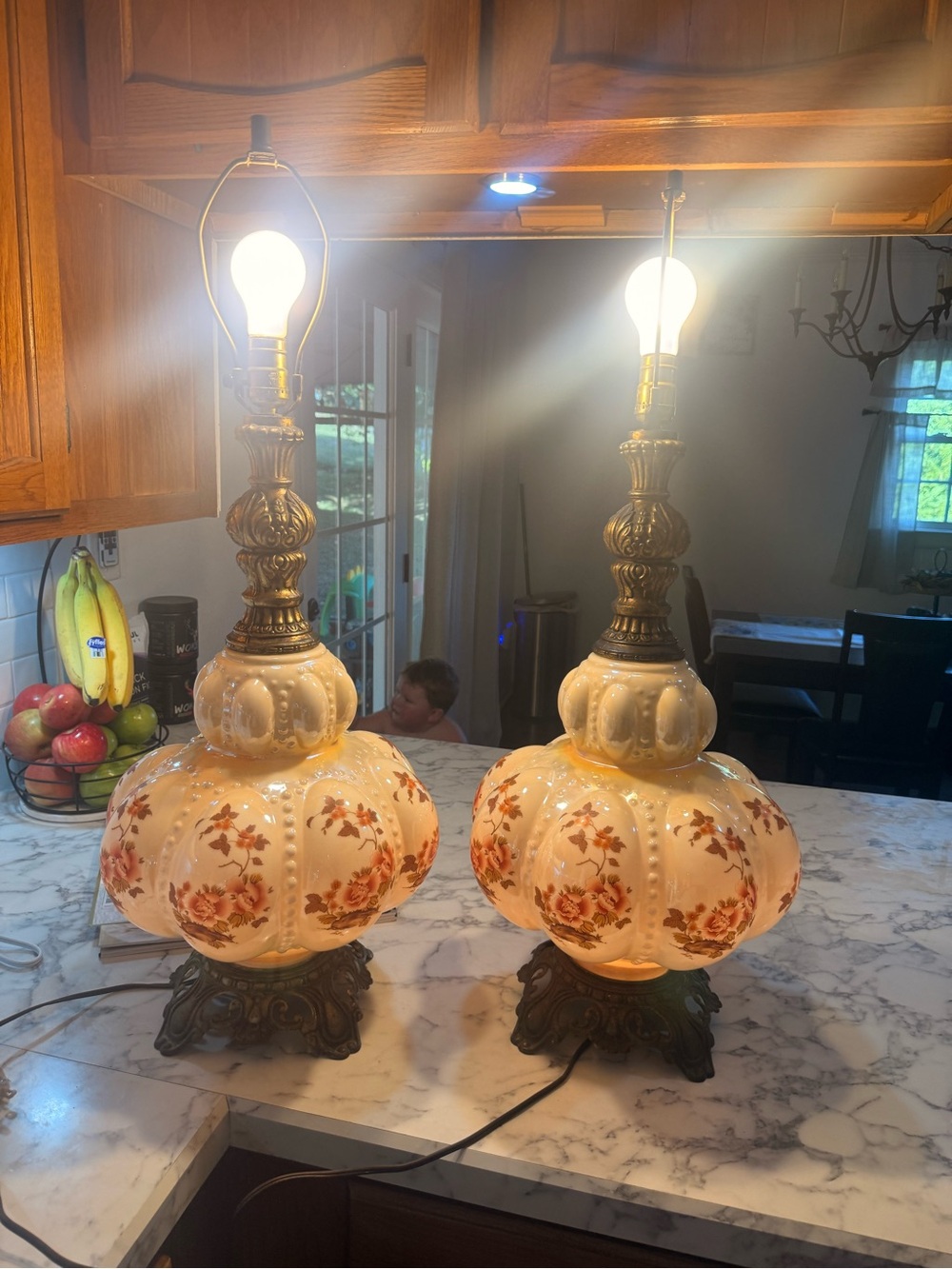 Vintage Accurate Casting Hollywood Regency Bubble Glass Table Lamps Floral Pair